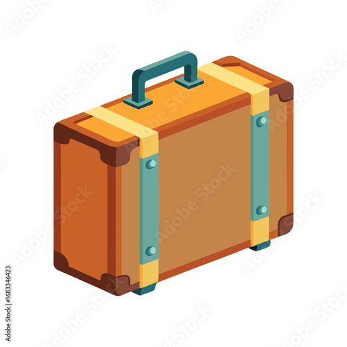 Vintage brown suitcase with teal handle and straps