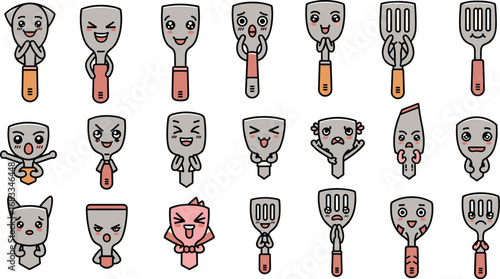 Cartoon kitchen spatulas expressing different emotions on light background