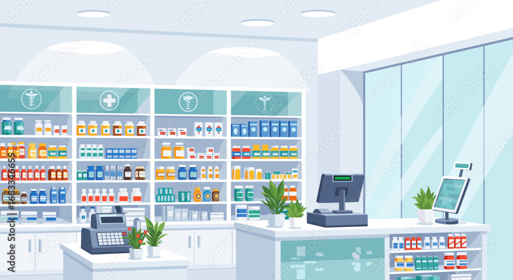 custom made wallpaper toronto digitalModern pharmacy interior with vibrant medicine display ready for customer service, offering health and wellness