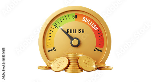 A golden gauge indicating a bullish market trend, surrounded by stacked gold coins, suggesting financial optimism and cryptocurrency investment.