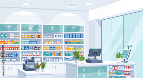 Modern pharmacy interior with vibrant medicine display ready for customer service, offering health and wellness