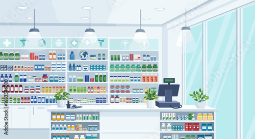 Clean modern pharmacy interior with medicine shelves and bright light, perfect for healthcare marketing