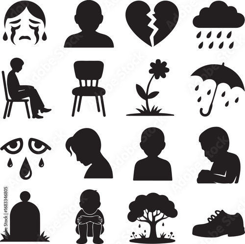 Sadness and Grief Symbols Silhouette Icons crying tears