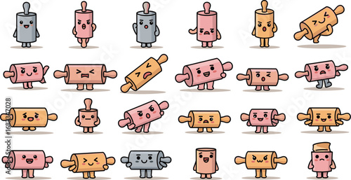 Collection of cartoon rolling pins with various expressions and poses on a light background