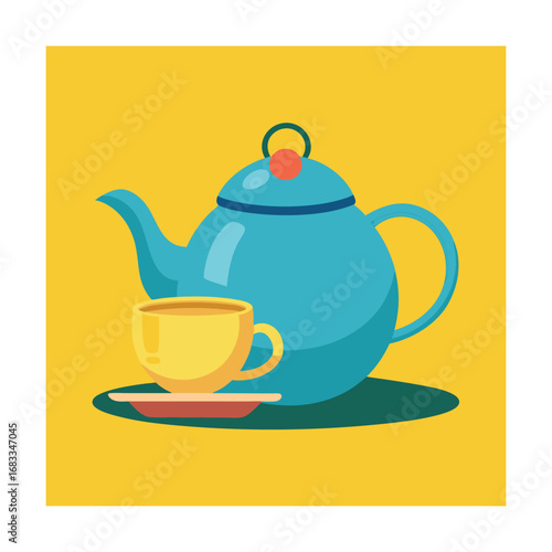 Blue teapot and yellow cup on yellow background beverage