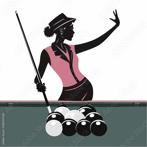 Billiards silhouette. This image shows a silhouette of a billiards player aiming with a cue stick at a billiard ball on a table. Vector clipart illustration design.
