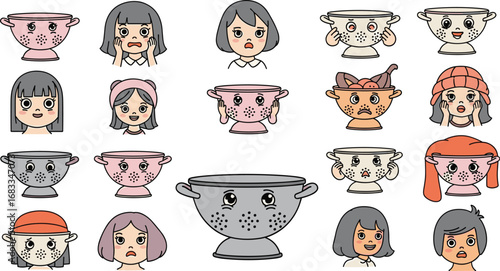 Cartoon faces and colanders with eyes showing various expressions, arranged on a cream background