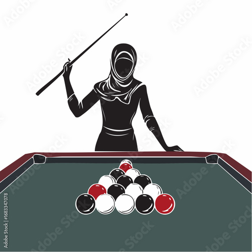 Billiards silhouette. This image shows a silhouette of a billiards player aiming with a cue stick at a billiard ball on a table. Vector clipart illustration design.