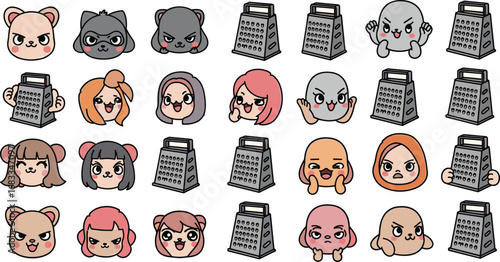 Cartoon heads and graters collection with funny expressions illustration