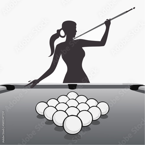Billiards silhouette. This image shows a silhouette of a billiards player aiming with a cue stick at a billiard ball on a table. Vector clipart illustration design.