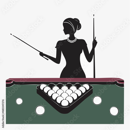 Billiards silhouette. This image shows a silhouette of a billiards player aiming with a cue stick at a billiard ball on a table. Vector clipart illustration design.