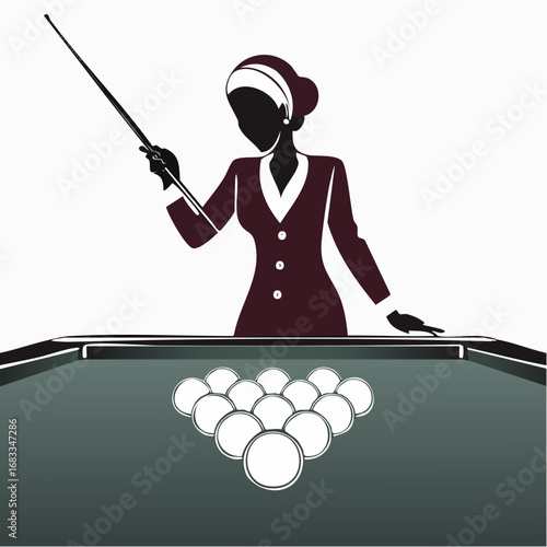 Billiards silhouette. This image shows a silhouette of a billiards player aiming with a cue stick at a billiard ball on a table. Vector clipart illustration design.