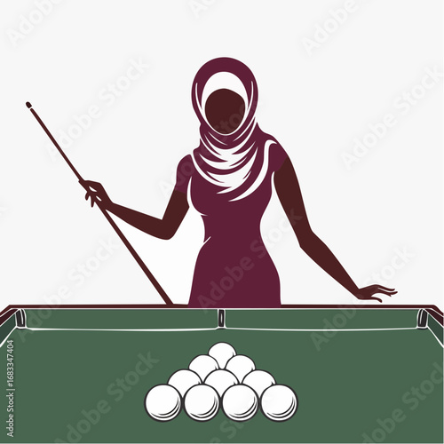 Billiards silhouette. This image shows a silhouette of a billiards player aiming with a cue stick at a billiard ball on a table. Vector clipart illustration design.