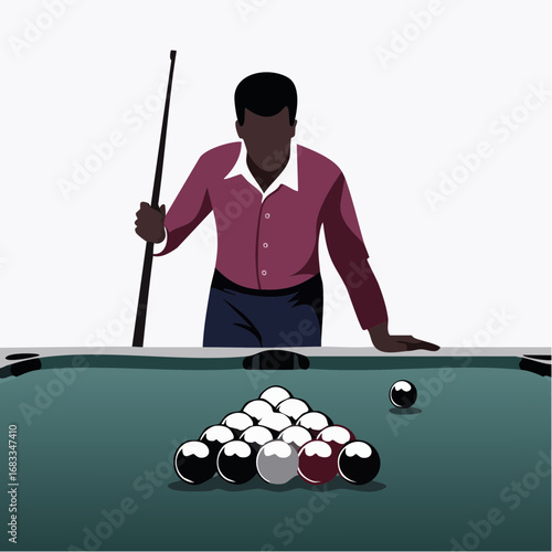 Billiards silhouette. This image shows a silhouette of a billiards player aiming with a cue stick at a billiard ball on a table. Vector clipart illustration design.