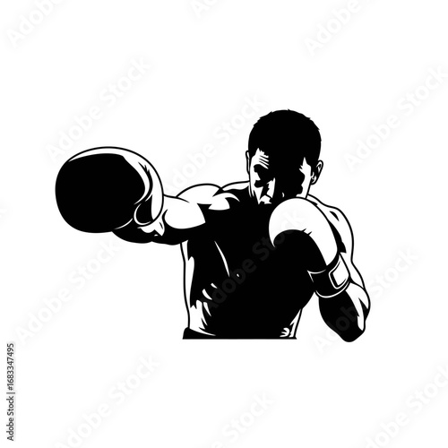 A powerful black and white silhouette of a boxer throwing a punch.