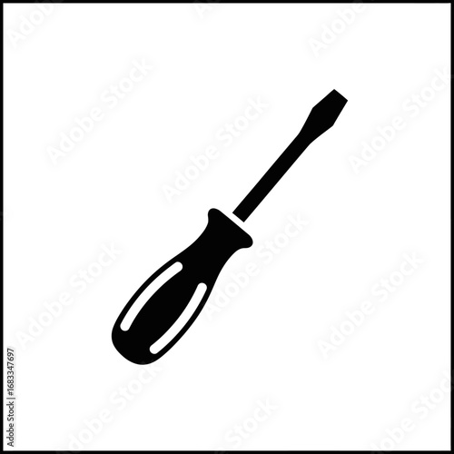 Black and white illustration of a screwdriver, a tool used for tightening or loosening screws.