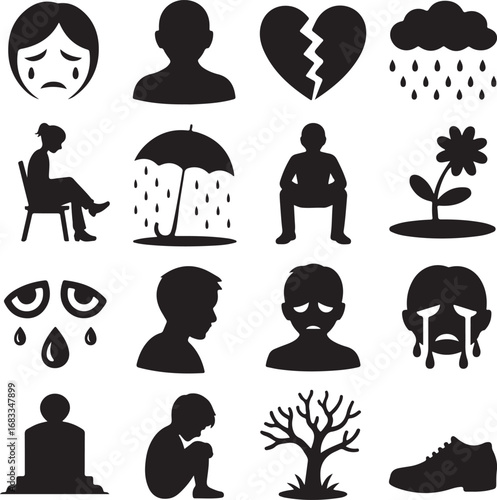 Group of sixteen icons depicting sadness and emotional distress crying tears