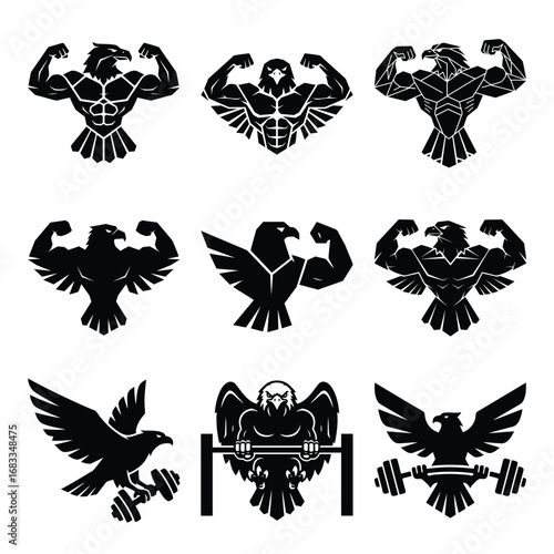 Eagle gym logo set, muscular hawk fitness emblem vector