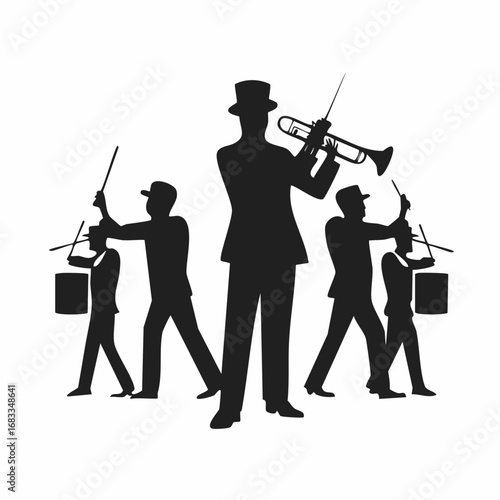 Marching band silhouette. A group of musicians in a marching band, each playing different instruments like drums, brass, and woodwinds, depicted in black silhouettes. clipart illustration design.