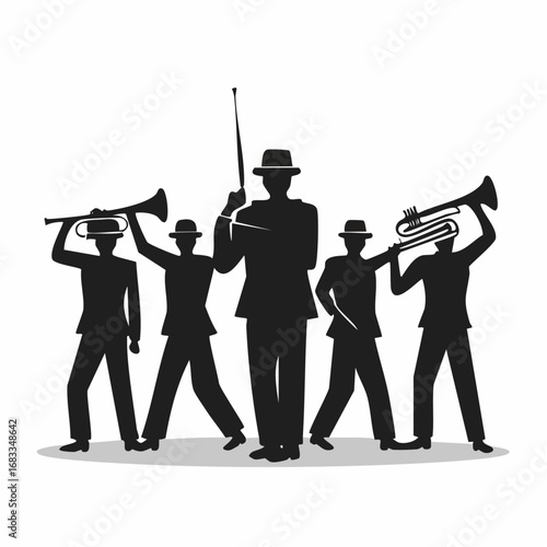 Marching band silhouette. A group of musicians in a marching band, each playing different instruments like drums, brass, and woodwinds, depicted in black silhouettes. clipart illustration design.