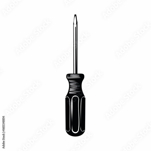 Screwdriver silhouette. This image showcases a bold black silhouette of a screwdriver, highlighting its sturdy handle and pointed tip. Vector clipart illustration design.