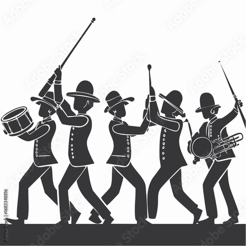 Marching band silhouette. A group of musicians in a marching band, each playing different instruments like drums, brass, and woodwinds, depicted in black silhouettes. clipart illustration design.