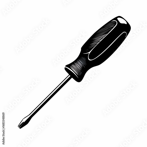 Screwdriver silhouette. This image showcases a bold black silhouette of a screwdriver, highlighting its sturdy handle and pointed tip. Vector clipart illustration design.