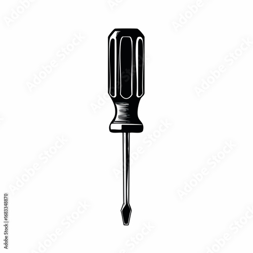 Screwdriver silhouette. This image showcases a bold black silhouette of a screwdriver, highlighting its sturdy handle and pointed tip. Vector clipart illustration design.
