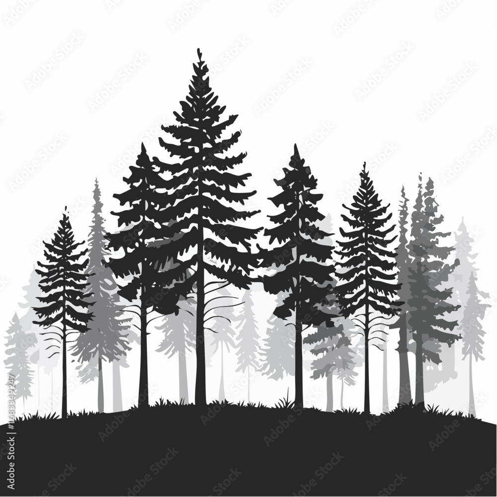 Obraz premium Forest scene silhouette. This image depicts a serene forest with tall trees in a grayscale silhouette, showcasing a tranquil and natural woodland landscape. Vector clipart illustration design.