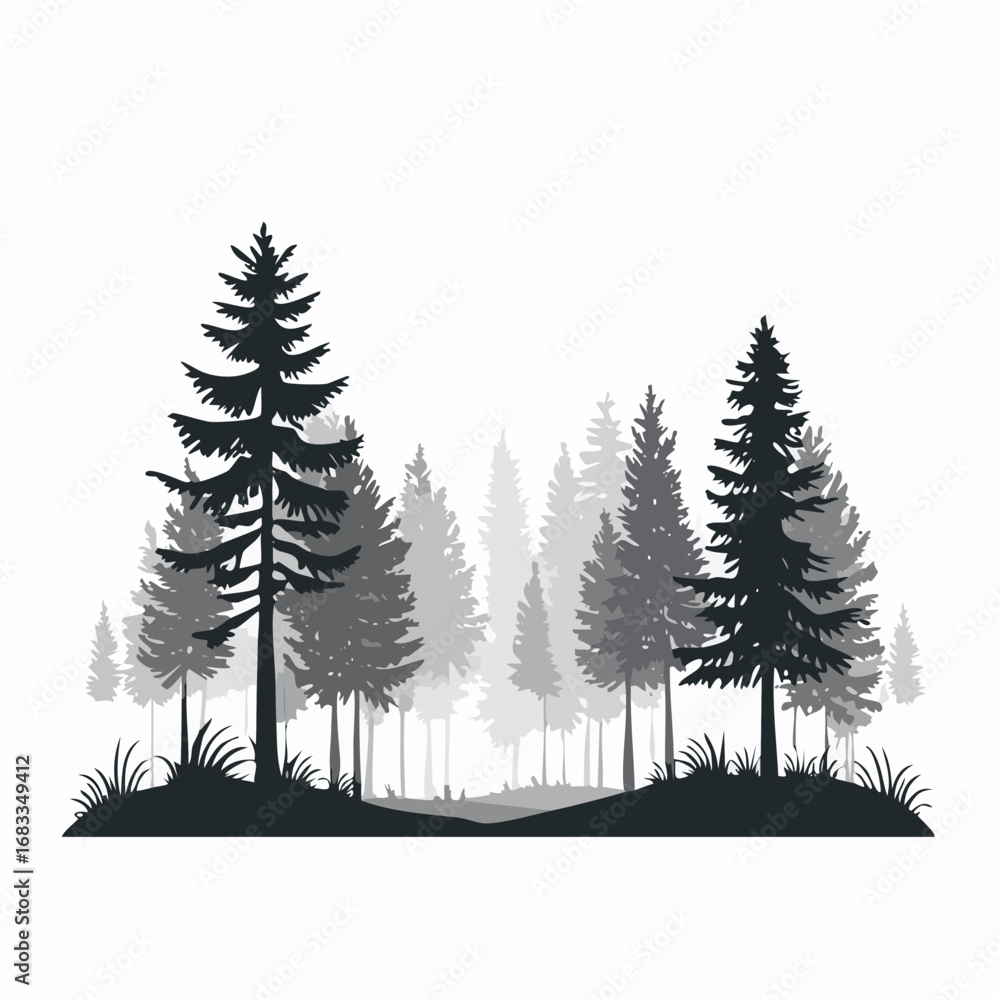 Obraz premium Forest scene silhouette. This image depicts a serene forest with tall trees in a grayscale silhouette, showcasing a tranquil and natural woodland landscape. Vector clipart illustration design.