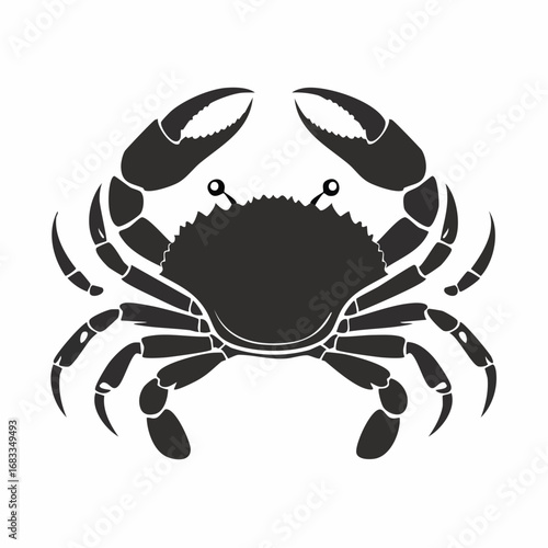 Crab Silhouette. This image shows a black silhouette of a crab with prominent claws and legs, also referred to as a crustacean outline or marine animal. Vector clipart illustration design.