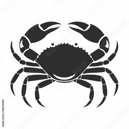 Crab Silhouette. This image shows a black silhouette of a crab with prominent claws and legs, also referred to as a crustacean outline or marine animal. Vector clipart illustration design.