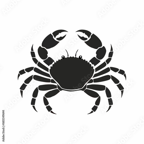 Crab Silhouette. This image shows a black silhouette of a crab with prominent claws and legs, also referred to as a crustacean outline or marine animal. Vector clipart illustration design.