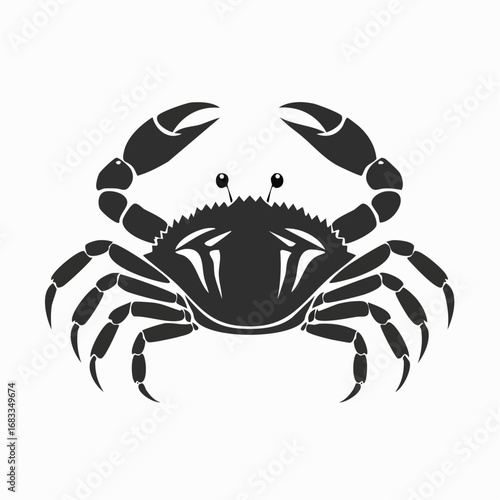 Crab Silhouette. This image shows a black silhouette of a crab with prominent claws and legs, also referred to as a crustacean outline or marine animal. Vector clipart illustration design.
