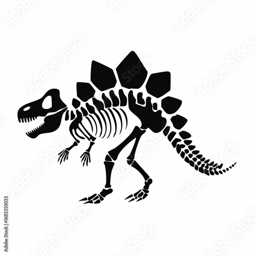 Dinosaur bone silhouette. A black silhouette image of a dinosaur skeleton, also known as a fossil or prehistoric remains, highlighting its detailed bone structure. Vector clipart illustration design.