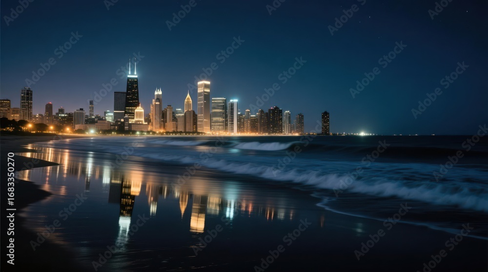 Naklejka premium Night city skyline reflected on beach