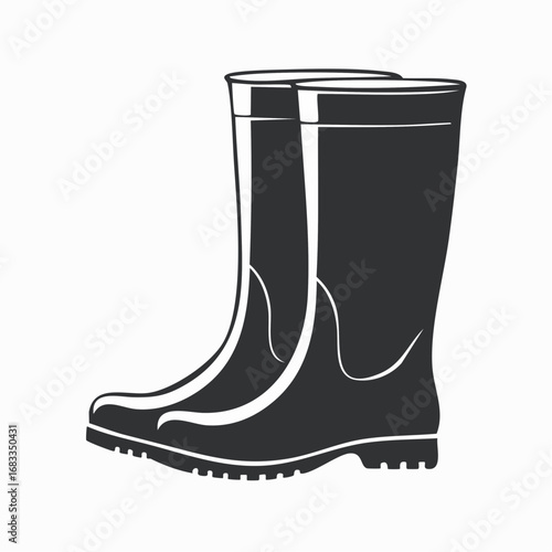 Wellies silhouette. This image shows a black silhouette of wellies, also referred to as rubber boots or rain boots, symbolizing waterproof footwear. Vector clipart illustration design.