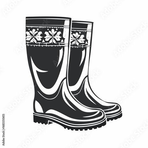 Wellies silhouette. This image shows a black silhouette of wellies, also referred to as rubber boots or rain boots, symbolizing waterproof footwear. Vector clipart illustration design.