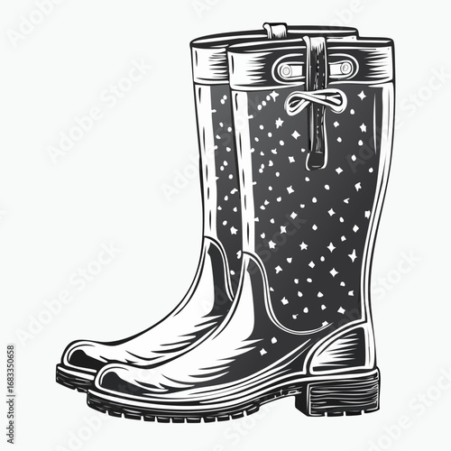 Wellies silhouette. This image shows a black silhouette of wellies, also referred to as rubber boots or rain boots, symbolizing waterproof footwear. Vector clipart illustration design.