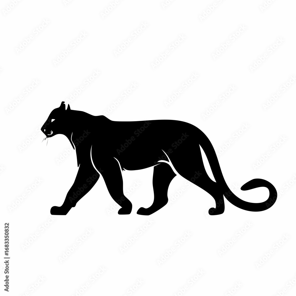 Naklejka premium Mountain lion silhouette. This image shows a black silhouette of a mountain lion, also known as a cougar or puma, in a walking stance. Vector clipart illustration design.