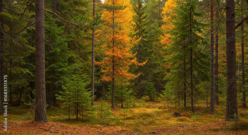 Obraz premium A serene autumnal forest scene displays vibrant golden larch trees amidst a dense evergreen woodland.