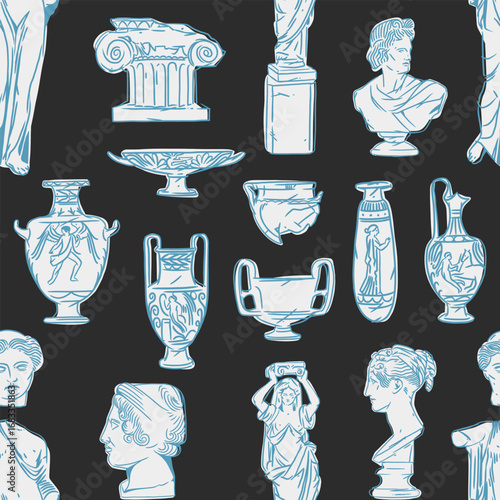 Hand drawn vector abstract graphic, greek ancient sculpture statues and column line art modern seamless pattern.Antique graffiti psychedelic sculpture in trendy style.Antique statue design background.