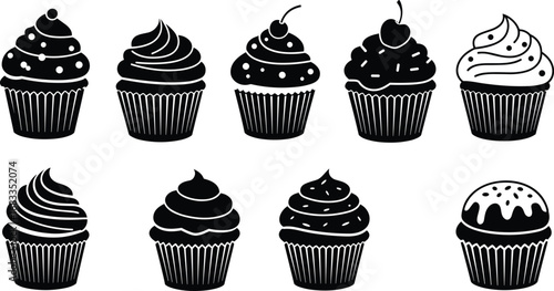 Cupcake silhouette set, black and white cupcakes, dessert vector clipart, sweet muffin icon, bakery pastry illustration, cherry cupcake, icing swirl