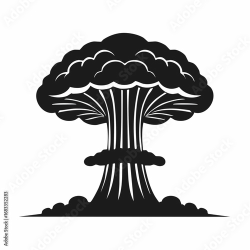 Mushroom cloud silhouette. This image shows a black silhouette of a mushroom cloud, also known as an atomic or nuclear explosion cloud, with detailed plumes. Vector clipart illustration design.