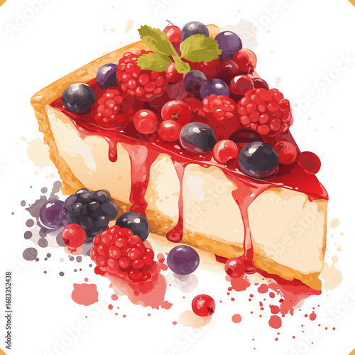 Vector illustration of a classic cheesecake slice with creamy texture and golden crust on white background. Vector illustration of delicious dessert on white background
