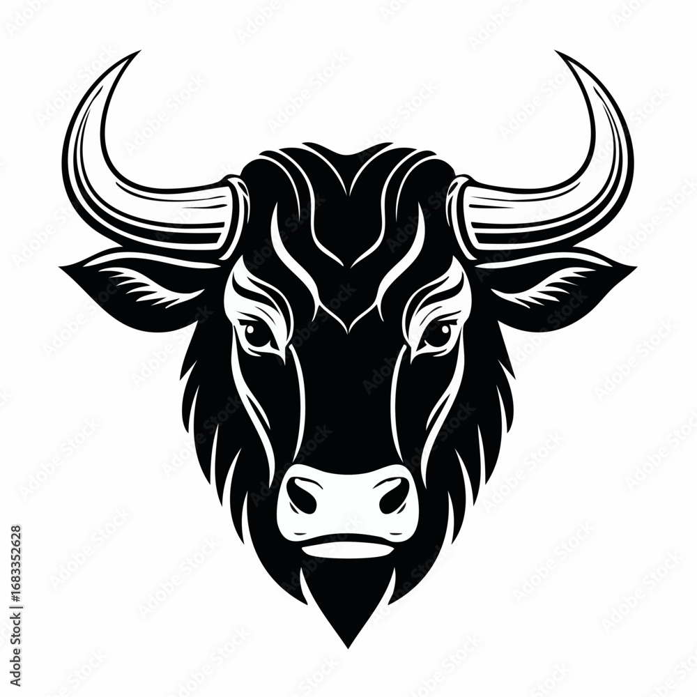 Fototapeta premium Bull face silhouette. This image shows a black silhouette of a bull's head with prominent horns and a strong, fierce appearance. Vector clipart illustration design.