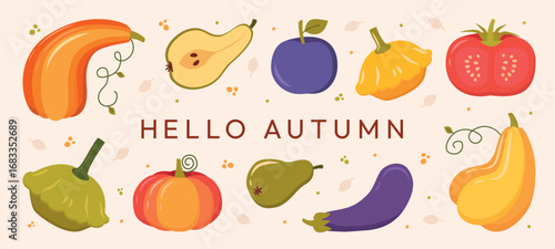 Creative fall theme with pumpkins, vegetables, tomatoes, and autumn leaves. Colorful banner layout with modern typography. Thanksgiving backdrop