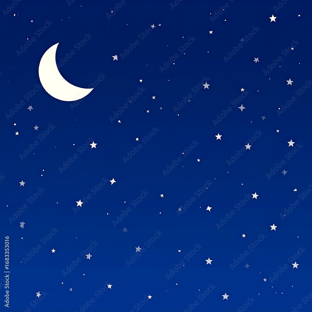Naklejka premium A night sky, dotted with numerous small stars, displays a crescent moon.