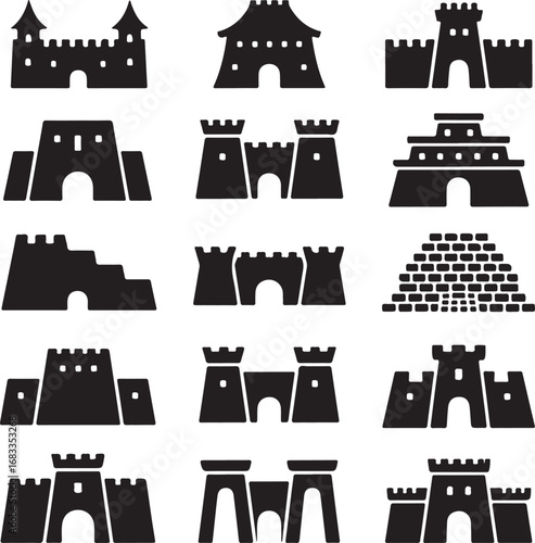 Various styles of castles and fortresses in silhouette icons Keywords: castle, fortress, keep