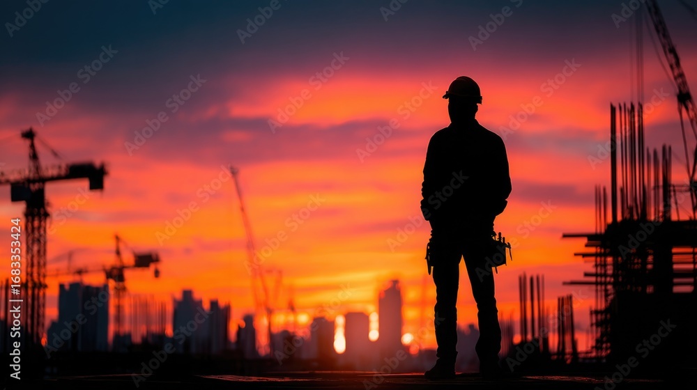 Fototapeta premium Construction Worker Silhouette Against Vibrant Sunset Background